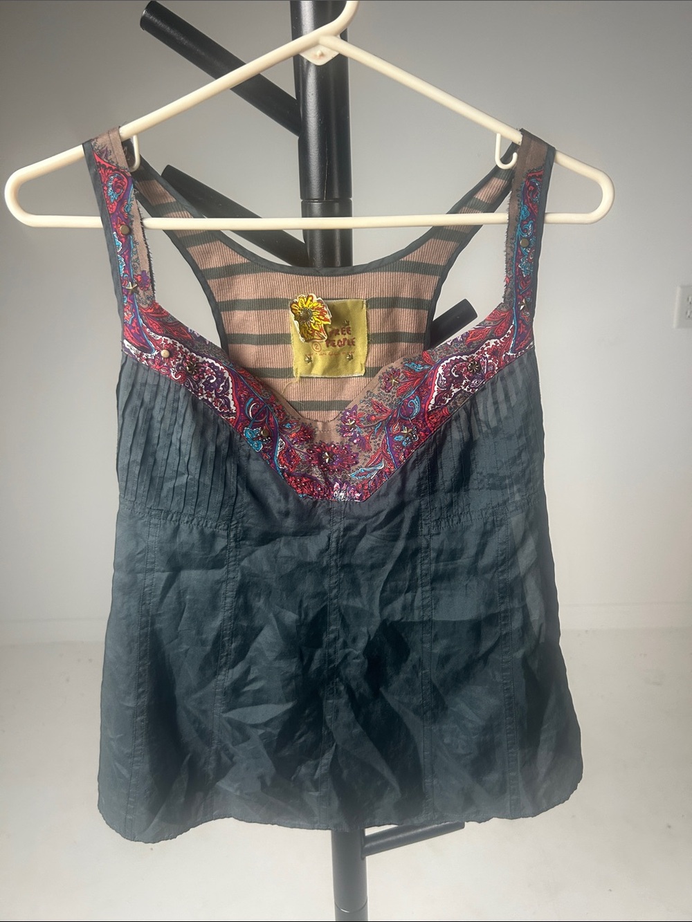 Free People Charcoal Tank Top with Pink & Teal Embroidered Trim